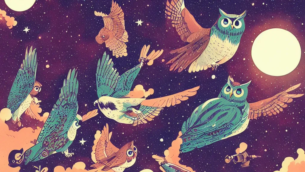 Image similar to very detailed, ilya kuvshinov, mcbess, rutkowski, watercolor illustration of owls flying at night, colorful, deep shadows, astrophotography, highly detailed