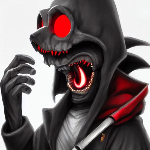 Image similar to photo of an anthropomorphic rat, ghostly anthropomorphic rat with skull face and glowing red eyes wearing black tattered robes and holding two blue flames, grim reaper except a rat, photorealistic, artstation