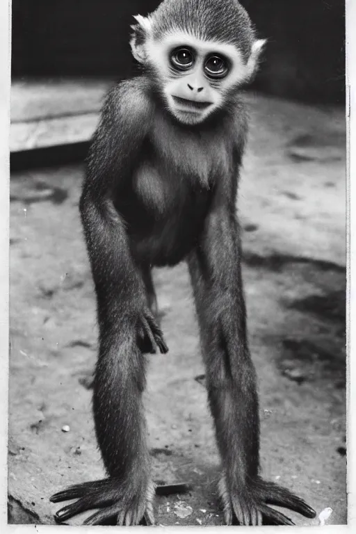 Prompt: horrifying failed soviet experiment, baby monkey hybrid, disturbing, vintage photo