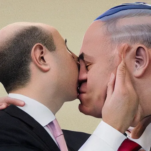 Image similar to benjamin netanyahu kissing naftali bennet, realistic, detailed