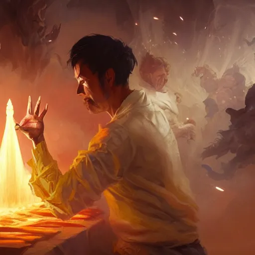 Image similar to hand glowing in white yellow light spell scroll art by artgerm and greg rutkowski and Craig Mullins, James Jean, Andrey Ryabovichev, Mark Simonetti and Peter Morbacher 16k