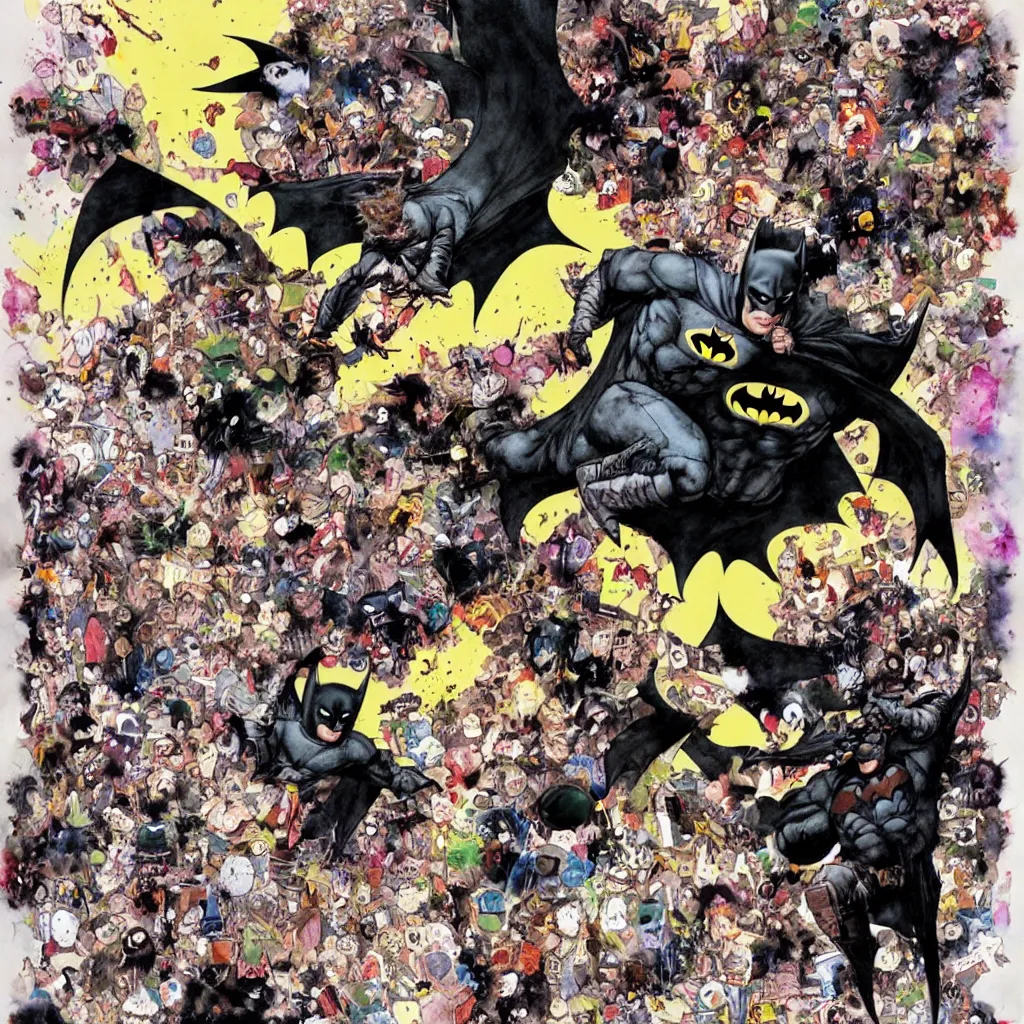 Image similar to Batman and squirrel-man, dark psychedelic watercolor by David Choe