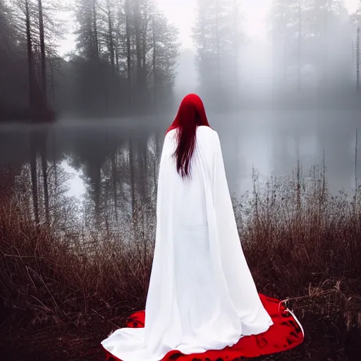 Prompt: beautiful lady with white long hair and dressed with a red victorian cloak, seen from behind, standing in a lake, mist, morning light, photorealistic