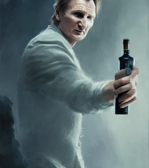 Image similar to liam neeson inside a gin bottle. magical atmosphere. art by greg rutkowski. lifelike. very detailed 8 k. intricate. soft light. nikon d 8 5 0.