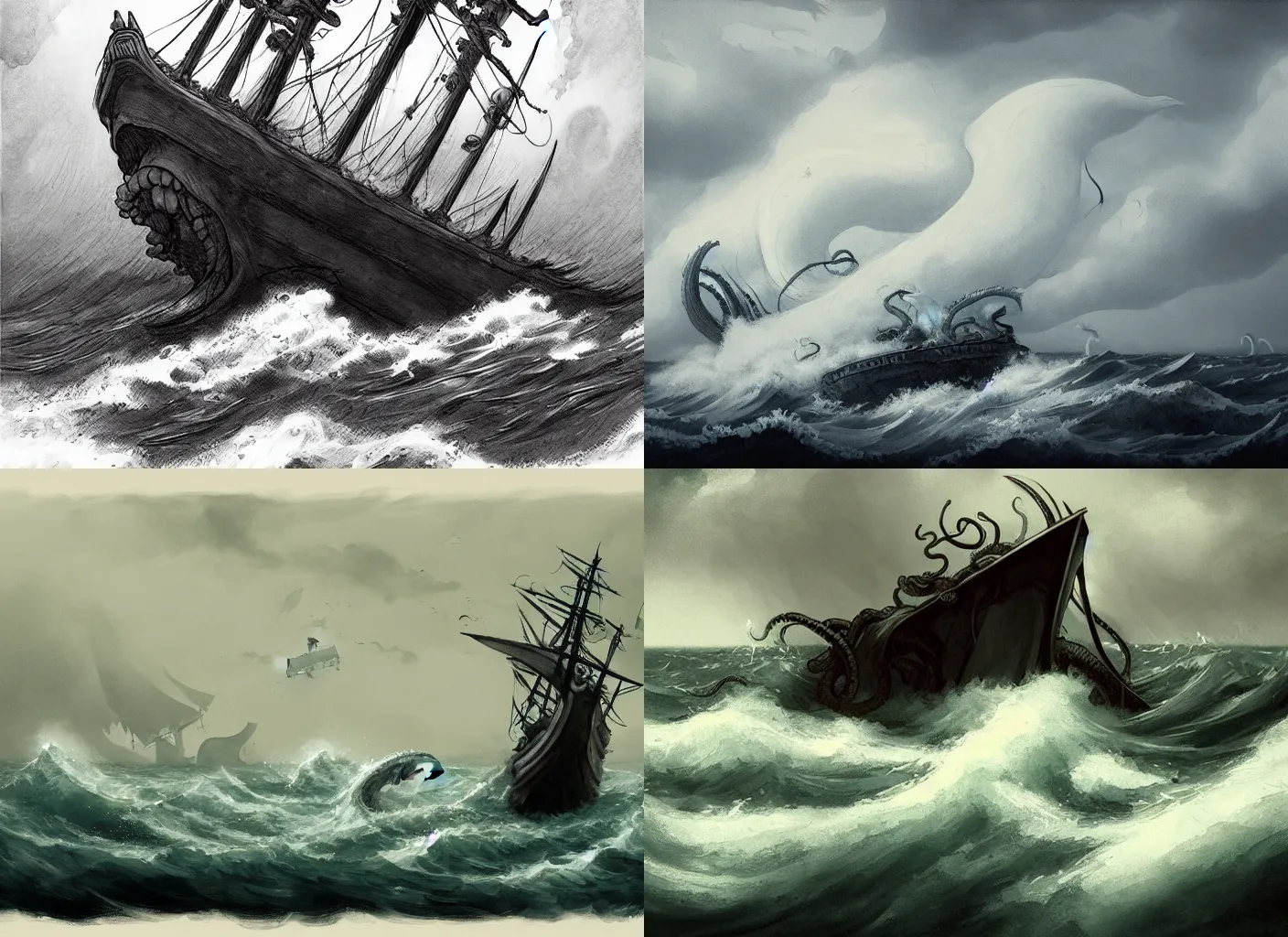 Prompt: in the style of Abigail Larson and cgsociety, kraken attacking a large ship, tentacles wrapped around boat, rough waters, overcast, large waves, stormy seas