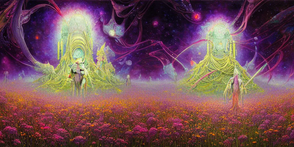 Image similar to a beautiful painting of a large alien shrine shrouded by mystic nebula magic in a field of flowers by moebius and android jones, oil on canvas sharp, details, hyper - detailed, hd, hdr, 4 k, 8 k