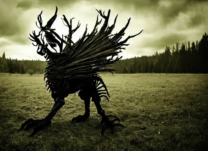 Prompt: an incredibly scary and very very unique monster creature with animal, treelike and skeletal characteristics, symmetry, ancient folk legend in a meadow, extremely creative, detailed, gloomy, flash, lens flare, 1 8 mm lens, digital medium format professional photography