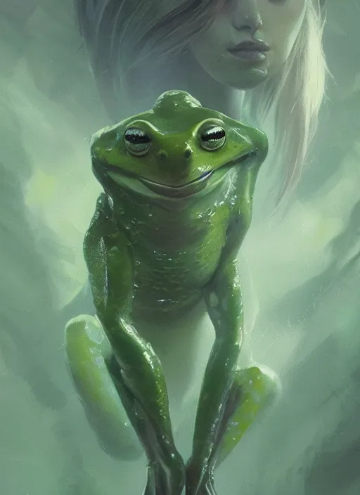 Prompt: portrait of my ethereal waifu cute innocent green slimy alien female froggy lady, ana de armas, with adorable uwu eyes painted by greg rutkowski, wlop, 7 0 s scifi