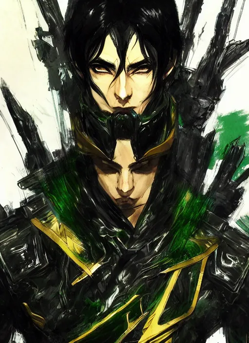 Prompt: Half body portrait of a handsome black haired elven warlord in black, green and gold jacket. In style of Yoji Shinkawa and Hyung-tae Kim, trending on ArtStation, dark fantasy, great composition, concept art, highly detailed.