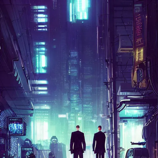 Prompt: two cyberpunk businessmen, detailed digital illustration by greg rutkowski, cyberpunk back alley, nighttime, colorful lighting, android netrunner