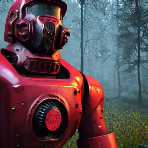 Prompt: Power armor from the company core-cola, red color, stands against the background of a radioactive forest, graphics, fallout 4 render, 3d computer render, maximum details, rain, night, spotlight,