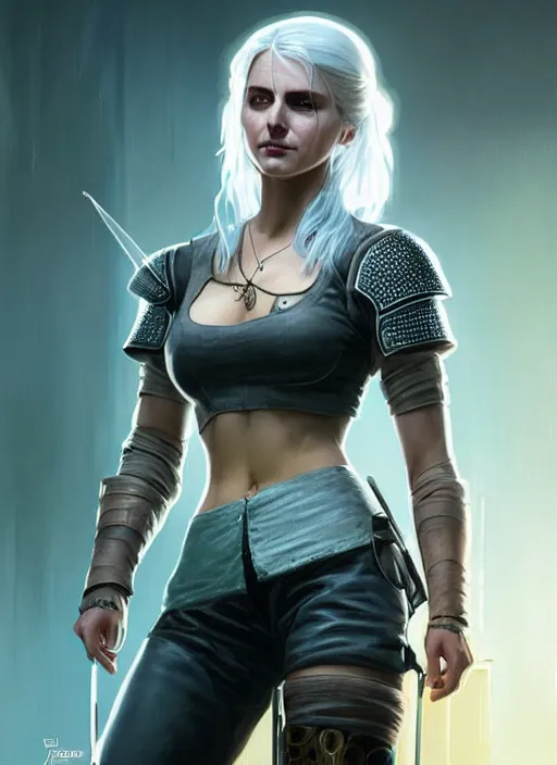 Prompt: portrait of Ciri from the Witcher wearing a sci-fi outfit as a character from Cyberpunk 2077, looking at camera, intricate, elegant, sci-fi, extremely detailed, digital painting, artstation, concept art, smooth, sharp focus, illustration, ambient lighting, incredible art by artgerm and greg rutkowski and alphonse mucha and simon stalenhag