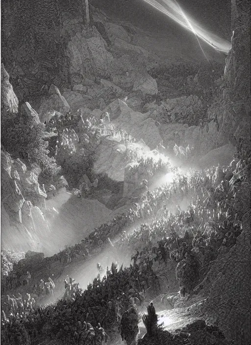 Prompt: battle in the epic valley, shaft of light, high contrast, gustave dore