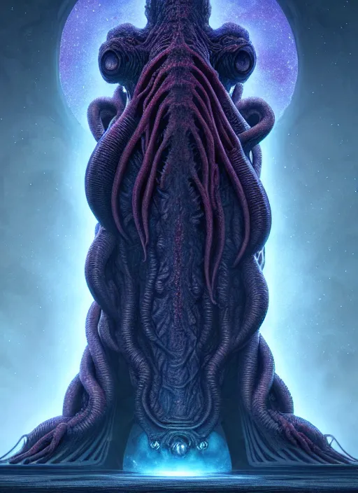 Prompt: symmetry!! stunning monstrous cosmic horror cthulhu with space in the background!! lovecraftian horror, cosmic space horror!! cinematic lighting, muted colours, digital art, winning award masterpiece, fantastically beautiful, aesthetically inspired by wayne barlowe and gerald brom, trending on artstation, art by greg rutkowski, octane render, unreal engine, 8 k