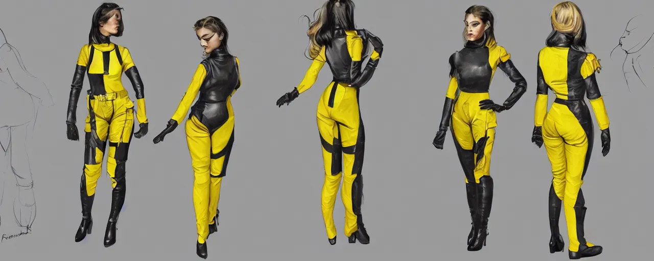Image similar to character design, fashion reference sheet, curvy, 70's jetfighter pilot girl, optimistic, dirty yellow flight pressure suit, black stripes, scuffed exoskeleton, concept art, photorealistic, hyperdetailed, 3d rendering!, rimlight , art by Frazetta,