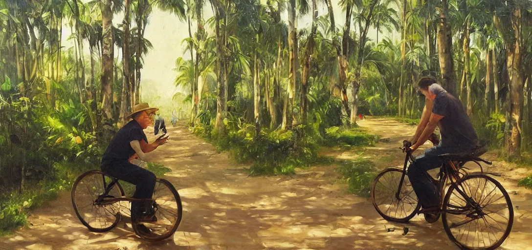 Prompt: kayne sitting on cyclo, inside a tropical forest, daylight happy mood, aged oil painting by le pho