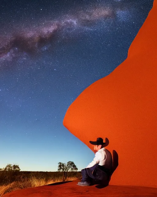 Image similar to man sitting at uluru, medicine drum, night sky, small fire, cosmic sky