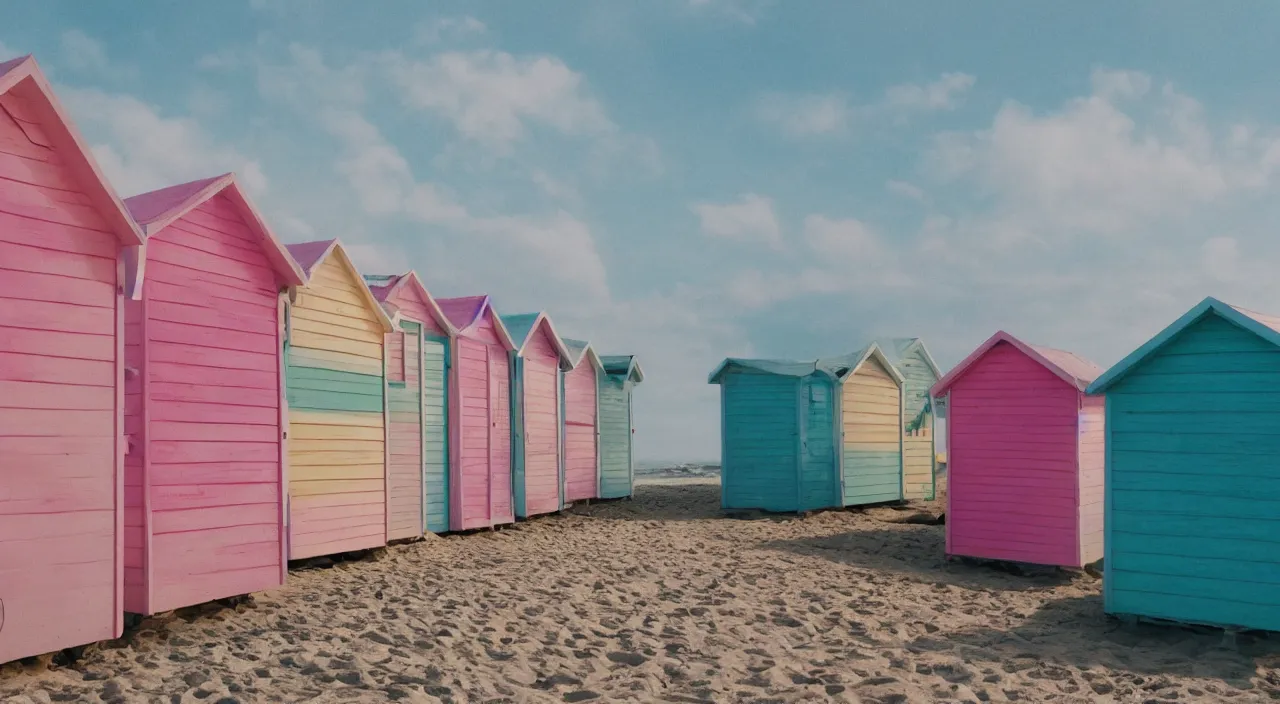 Image similar to pastel colored beach huts on a beach, low angle, close up, vray, single light source, dramatic lighting, cinematic