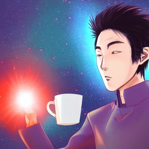 Image similar to A man drinking a cup of cosmic energy bright light by Masafumi Harada, 4k, digital art, surreal, anime style, Park Sung-woo Red Ice style