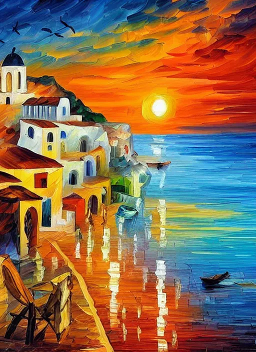 Image similar to beautiful seaside greek village at sunset in the style of leonid afremov