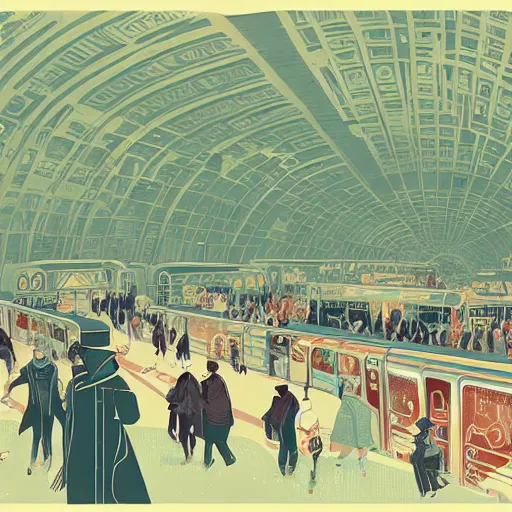 Image similar to parisian subway life, illustration by victo ngai, studio muti, malika favre