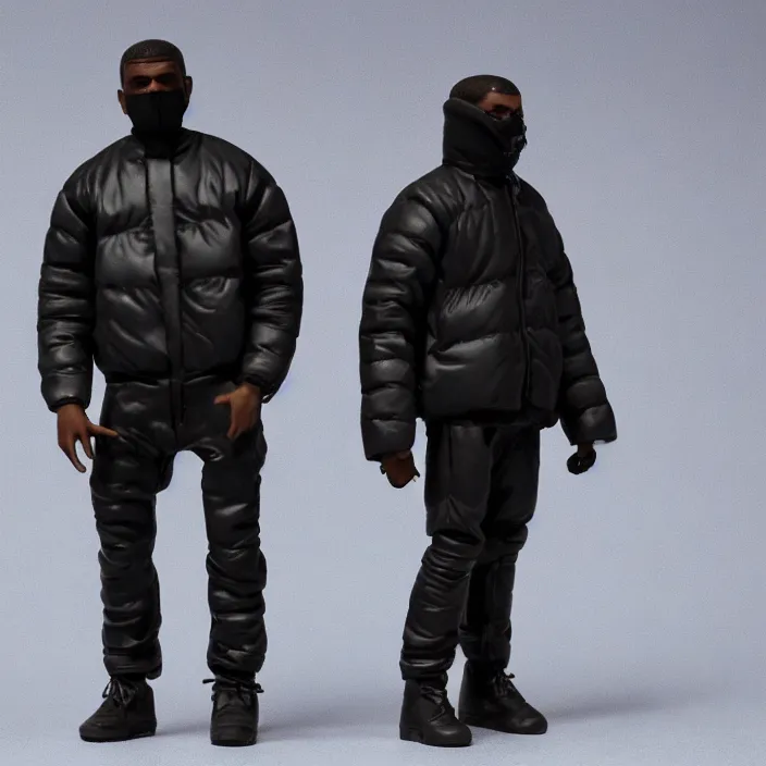 Image similar to a action figure of kanye west using full face - covering black mask with small holes. a small, tight, undersized reflective bright black round puffer jacket made of nylon. a shirt underneath. black jeans pants. a pair of big black rubber boots, figurine, detailed product photo, 4 k, realistic, acton figure, studio lighting, professional photo