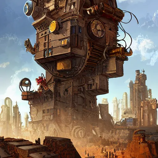 Image similar to Character jumping over a bustling steampunk city in the desert with a towering building made of scraps, digital painting, highly detailed, dynamic, concept art, game art, artstation