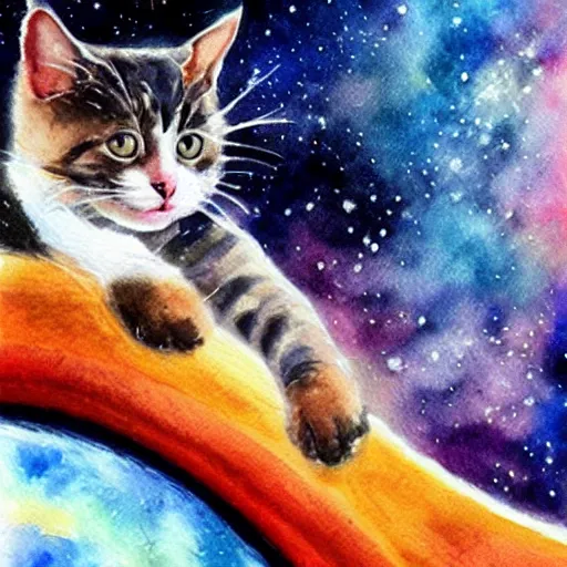 Prompt: cat doing mathematics in space. watercolor. amazing painting. high resolution. highly realistic. cool tones. close - up. 8 k. trending on artstation.