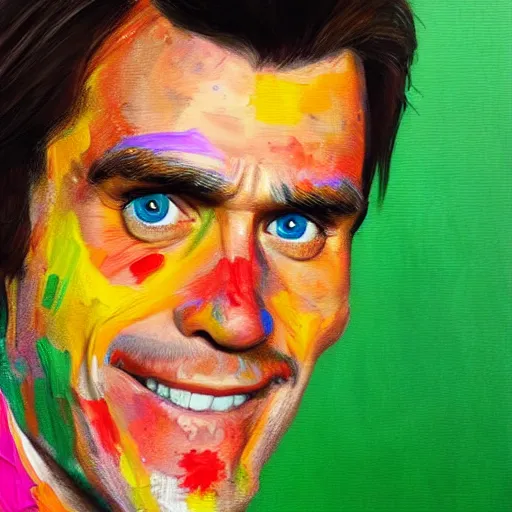 Prompt: painted portrait of jim carrey as super mario, highly detailed, colourful, brushstrokes, highly detailed