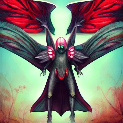 Image similar to 4K headshot of mothman with a mushroom hat and rouch clothes with giant wings , intricate face , flawless anime cel animation ,psychedelic , highly detailed upper body , professionally post-processed , beautiful, scary, symmetry accurate features, epic, octane rendered, anime masterpiece, accurate