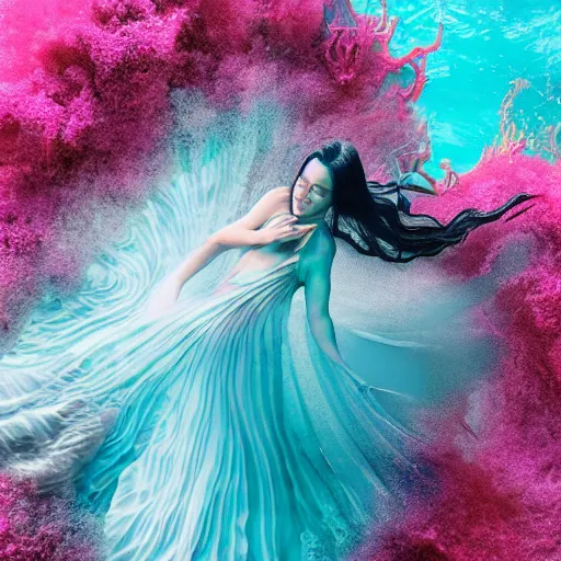 Image similar to woman dancing underwater wearing a flowing dress made of blue and magenta seaweed, delicate coral sea bottom, swirling silver fish, swirling smoke shapes, octane render, caustics lighting from above, cinematic