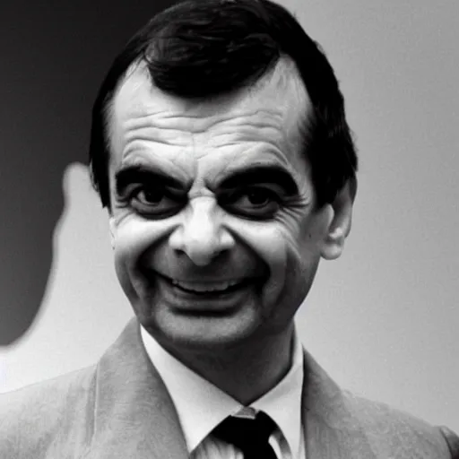 Prompt: 1980s archival photo of Mr Bean smiling sinisterly with a mushroom cloud behind him