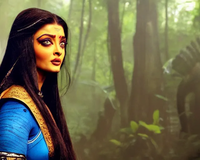 Prompt: a photo of aishwarya rai as a character in the avatar, hyper realistic face, beautiful eyes, cinematic, long shot, hyper detailed, 8 5 mm photograph, 8 k resolution, film still, sharp lens, wide lens