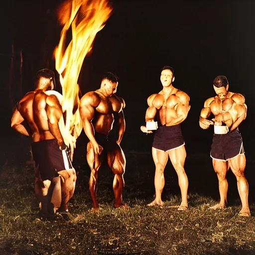 Image similar to bodybuilders stand around a bonfire, eating protein, protein! protein! protein!, photograph, by christopher bailey