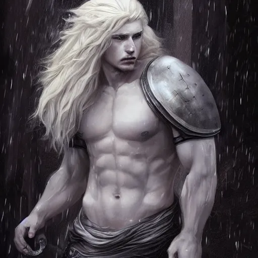 Image similar to aesthetic portrait commission of a albino muscular and attractive anthro lion as a character form game of thrones, gloomy/wet atmosphere, dim lighting, hyperdetailed. Character design by charlie bowater, ross tran, artgerm, and makoto shinkai, detailed, inked, western comic book art, 2021 award winning painting