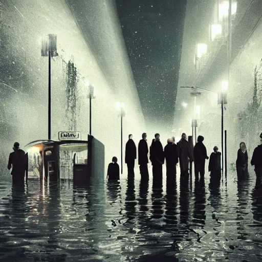 Image similar to a some people waiting in a lone bus stop in quiet dark city night at flooded world in Interstellar movie, high quality, high resolution,detailed