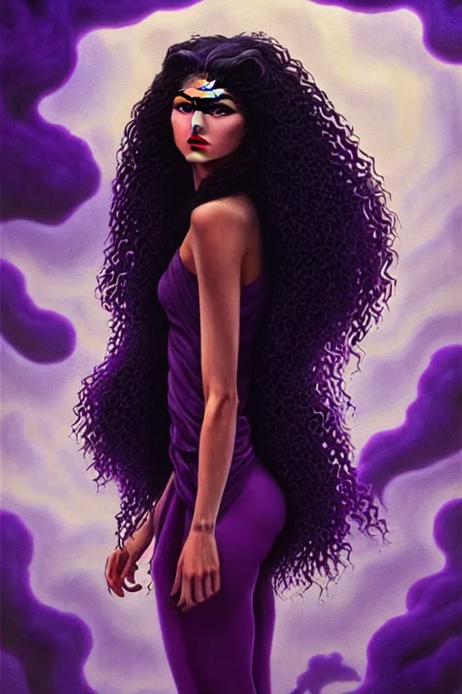 Prompt: zendaya with wavy dark purple hair coming out of the abyss with a panther on her shoulder, ultrafine hyperrealistic fantasy oil painting, art by ida outhwaite and loish, trending on artstation, dungeons and dragons, magic the gathering, intricate linework, sharp focus, smooth, unreal engine, dramatic lighting, 8 k,