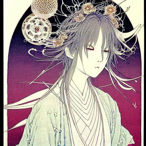 Image similar to prompt: Fragile looking vessel portrait soft light drawn by Takato Yamamoto, inspired by Fables, ancient crown, magical and alchemical weapons, soft light, white background, intricate detail, intricate ink painting detail, sharp high detail, manga and anime 2000