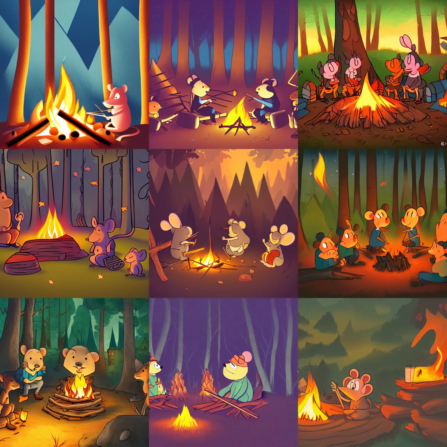 Prompt: mice sitting at campfire, magical light, dramatic light, dark, forest, shooting star, marshmallow, stick, barbecue, wooden logs, bonfire, tents, trees, plants, colorful, trending on artstation, disney, cartoon, illustration, cottagecore, animation key, gravity falls style