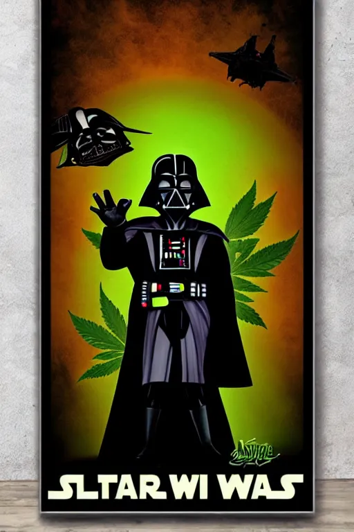 Image similar to retro cannabis with darth vader poster