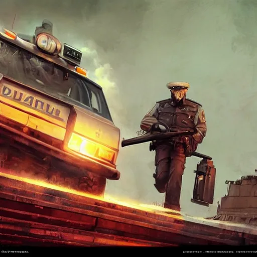 Image similar to a highly detailed epic cinematic concept art CG render digital painting artwork costume design: dieselpunk Soviet 1980s police patrol car. By Greg Rutkowski, Ilya Kuvshinov, WLOP, Stanley Artgerm Lau, Ruan Jia and Fenghua Zhong, trending on ArtStation, subtle muted cinematic colors, made in Maya, Blender and Photoshop, octane render, excellent composition, cinematic atmosphere, dynamic dramatic cinematic lighting, precise correct anatomy, aesthetic, very inspirational, arthouse