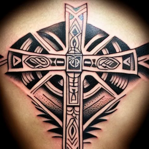 Prompt: tattoo design of a tribal cross with the words jesus freak printed