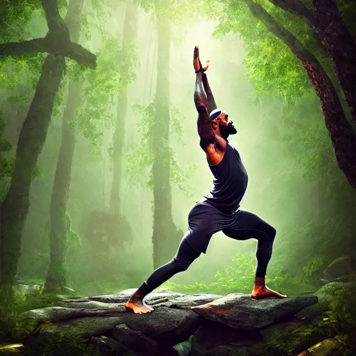 Prompt: lebron james doing yoga in the forest, epic professional digital art, best on artstation, cgsociety, wlop, behance, pixiv, cosmic, epic, stunning, gorgeous, much detail, much wow, masterpiece by dorian cleavanger and stanley lau