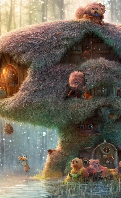 Image similar to a hut made of fur, magical forest, community, water bear, robots, electric, furry, soft, concept art, intricate details, highly detailed, photorealistic, disney pixar, octane render, iridescent, anime, 8 k