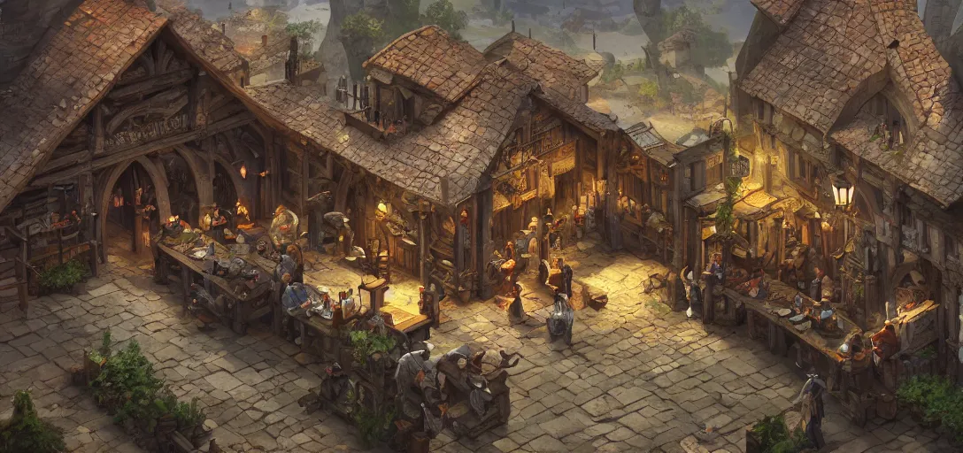 Prompt: game design, architecture, medieval tavern building, outside view, isometric view, game art, game dev, concept, extremely high detail, photo realistic, cinematic lighting, post processed, concept art, artstation, matte painting, style by eddie mendoza, raphael lacoste, alex ross