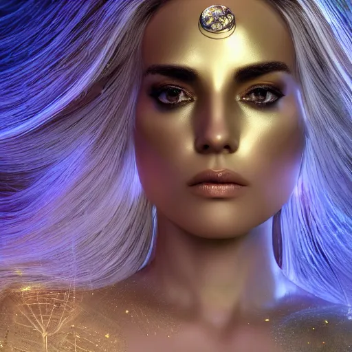 Image similar to beautiful pragmatic face, crystal, platinum, gold, biomechanoid with incredible iridescent pearlescent voluminous fiberoptic hair, crystalline masterpiece implants, hyperdetailed face, elegant pose, movie still, intricate, octane render, cinematic forest lighting, unreal engine, dieselpunk setting, crepuscular rays, god rays.