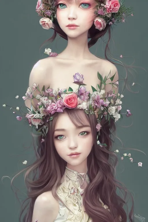 Image similar to romantic and fashion and love princess of the flower with sheath dress, 8 k realistic, teenager girl, baroque, symmetrical, flowing hair, smile, trending pinterest and pixiv, muted colors, hyperrealistic, l close up shot, character concept art, face by kyoung hwan kim, alexandra fomina, ilya kuvshinov