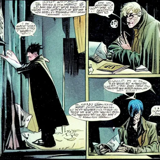 Prompt: comics Harry Potter talking to the Sandman in The Sandman comic, by Neil Gaiman, by Dave McKean, comics Sandman, small details, whole-length