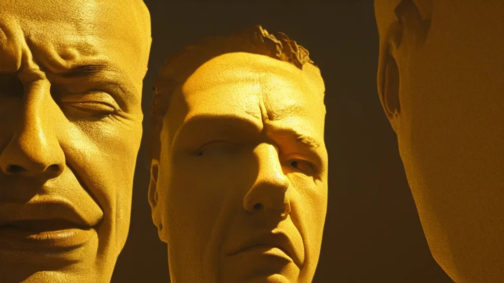 Prompt: the giant head at the office that, made of oil and water, film still from the movie directed by Denis Villeneuve with art direction by Salvador Dalí, golden hour