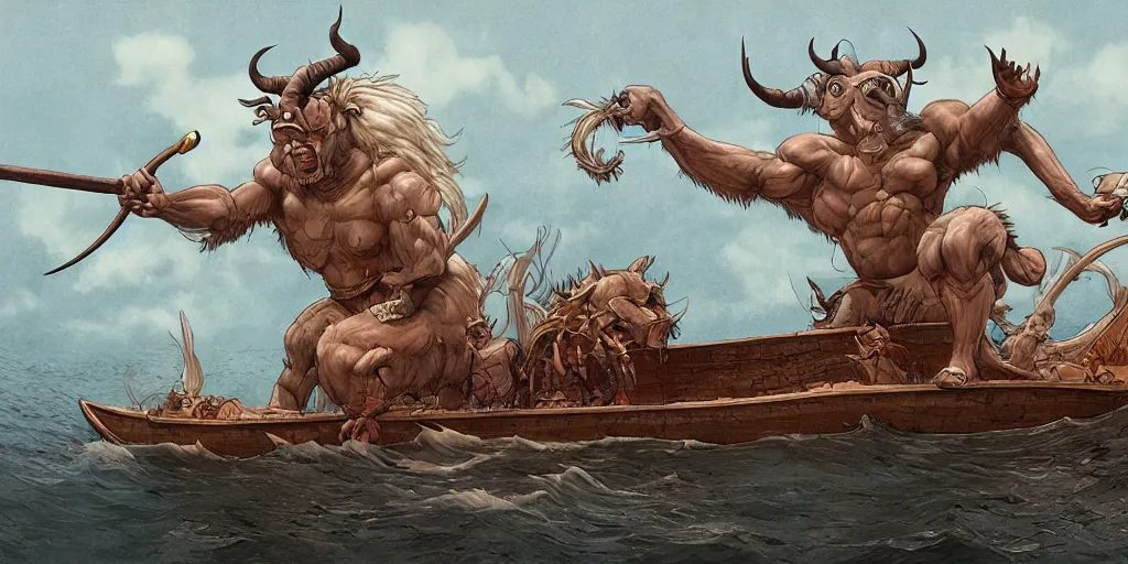 Image similar to Minotaur in a Boat, by Caza, studio ghibli, cinematic lighting, intricate, highly detailed, digital painting, trending on artstation, Illustration, epic scale